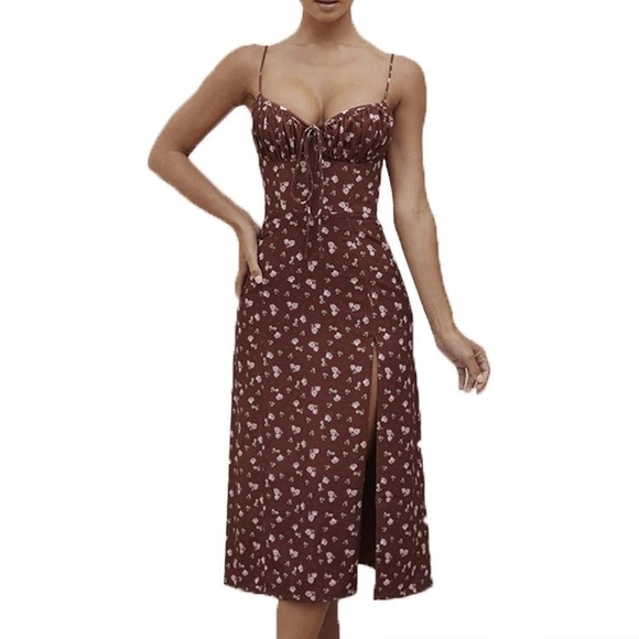Red wine floral slit summer beach dress - Picture 3 of 15